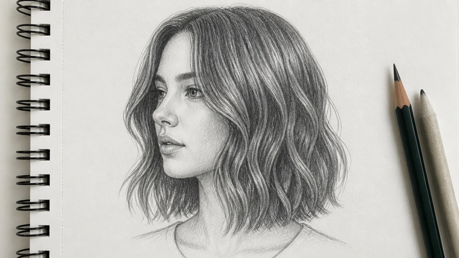 Graphite sketch of a 2B wavy lob with defined S-bends starting at eye level