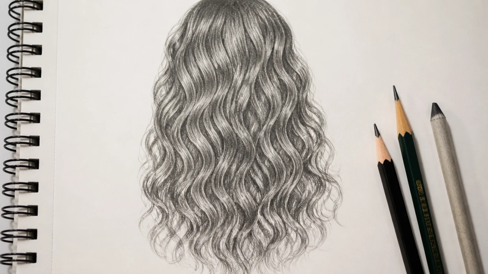 Long 2C curly hair sketch in pencil with deep S-waves and visible strand groups