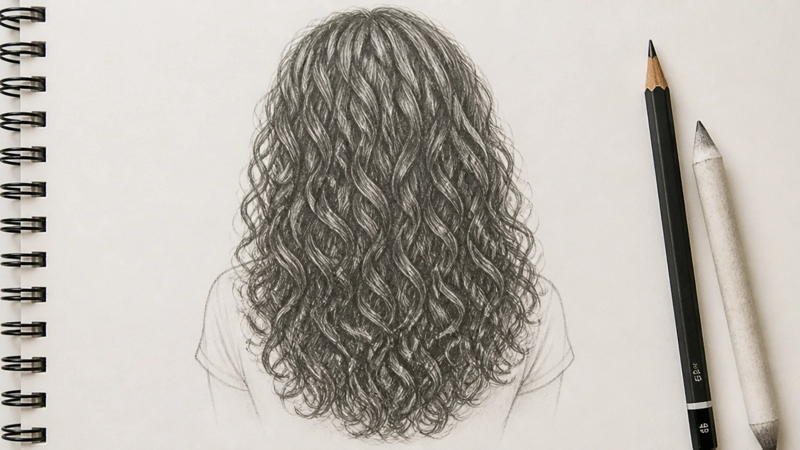 Mid-back length 3A curly hair sketch showing loose sidewalk-chalk-width spiral curls in graphite