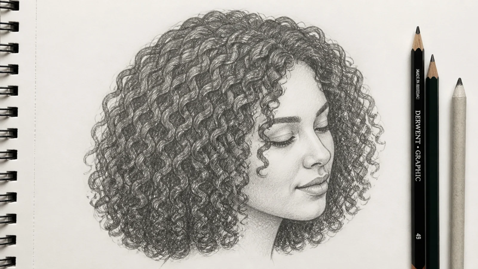 Shoulder length 3B ringlet curly hair sketch with springy marker-width corkscrews in pencil