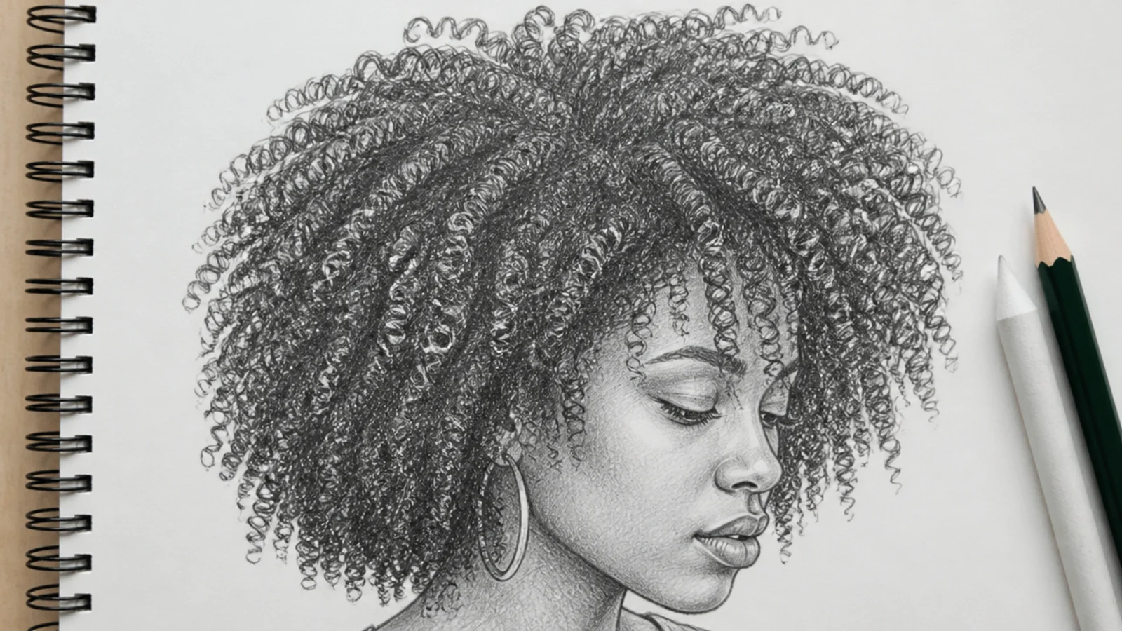 3C tight corkscrew curly hair sketch showing dense pencil drawn coils and crown volume