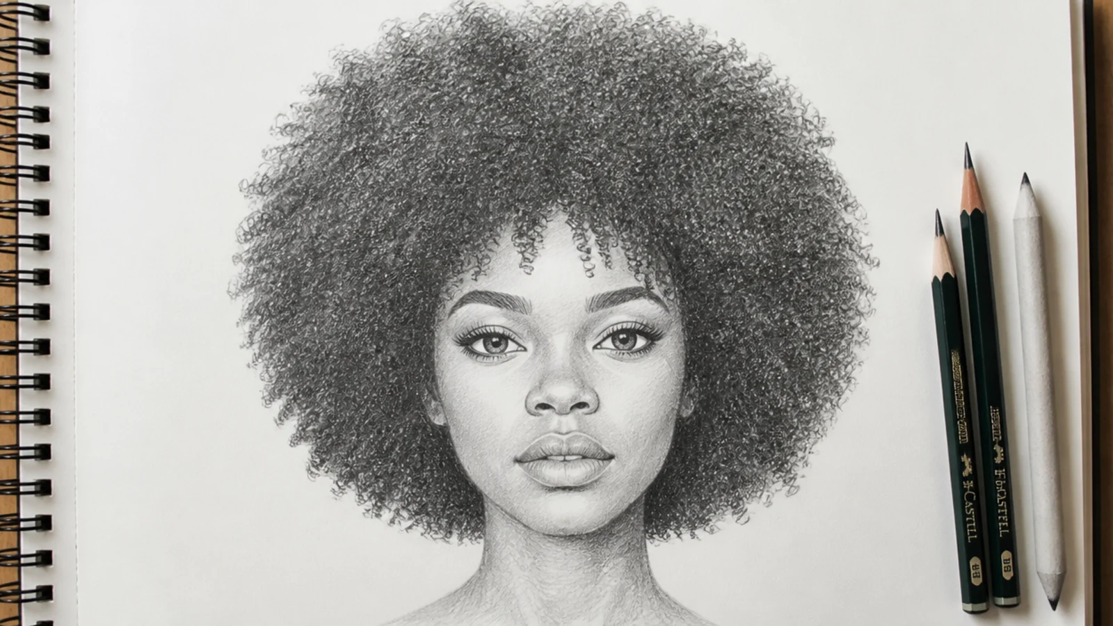 Front view 4A coily afro hair sketch in graphite with a round silhouette and soft edge texture