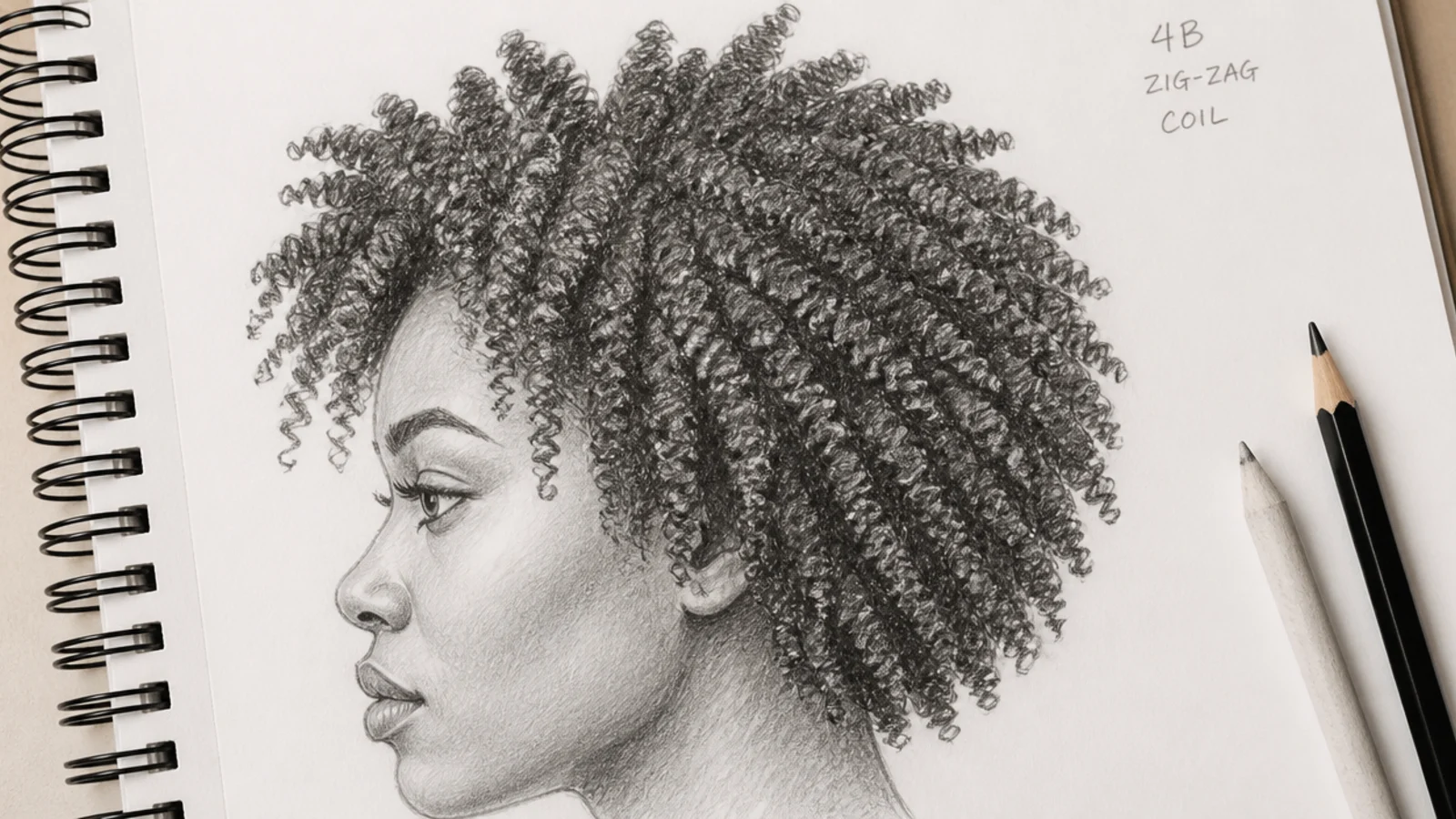 4B zig-zag coil hair sketch showing sharp angular bends and cotton-like graphite texture