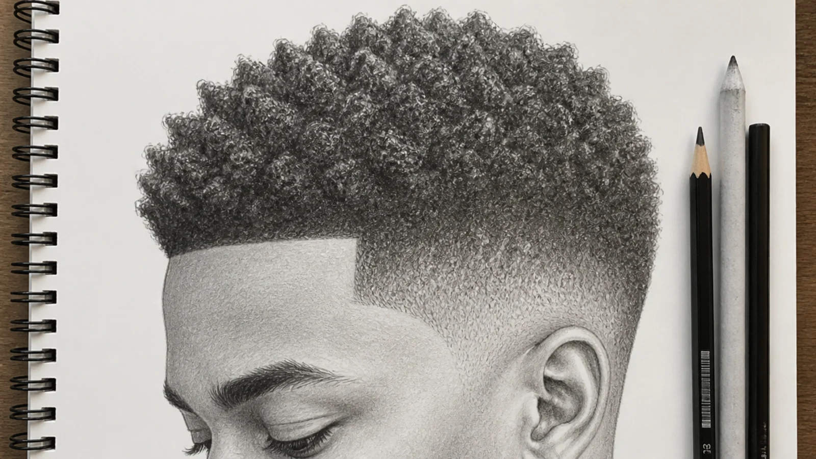 4C sponge coil hair sketch on a tapered fade showing dense graphite texture and a defined hairline