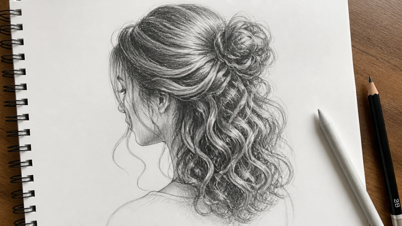 Three-quarter view curly half-up bun hair sketch with gathered top section and loose spirals below