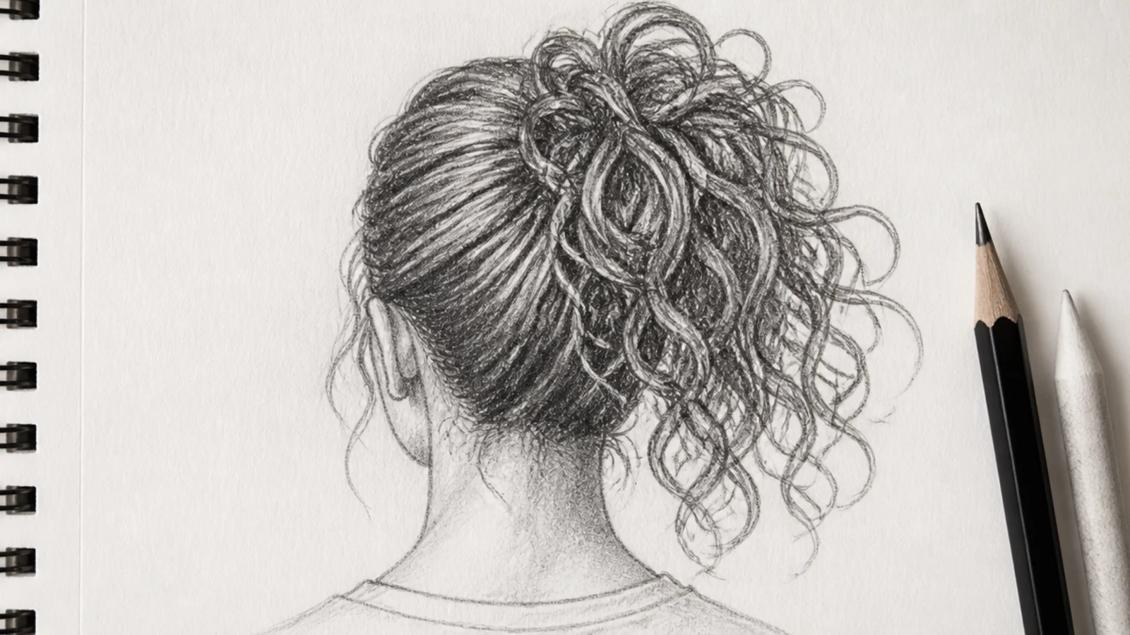 Back view curly high ponytail sketch in pencil showing radiating tension lines and a burst of coils