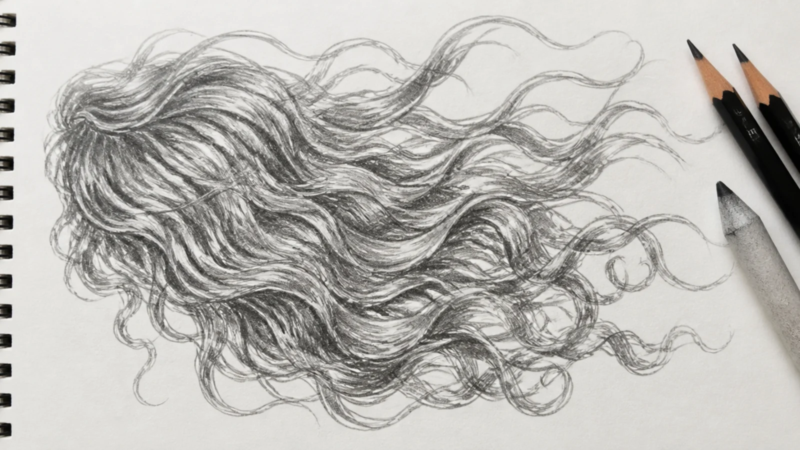 Wind-blown curly hair sketch showing curls stretched into a directional motion arc in graphite
