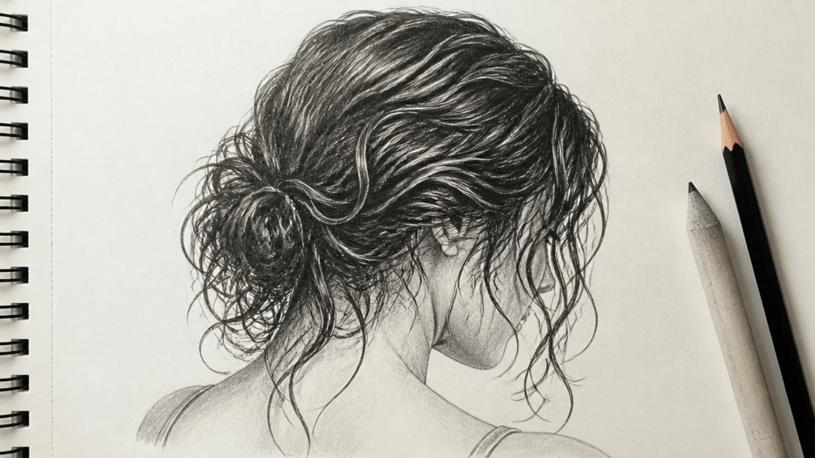 Wet look curly hair sketch with clumped tapering ends and sharp white highlights on dark graphite