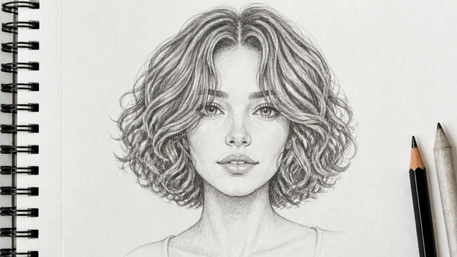 Curly bob sketch framing a heart shaped face with volume at the jawline in pencil