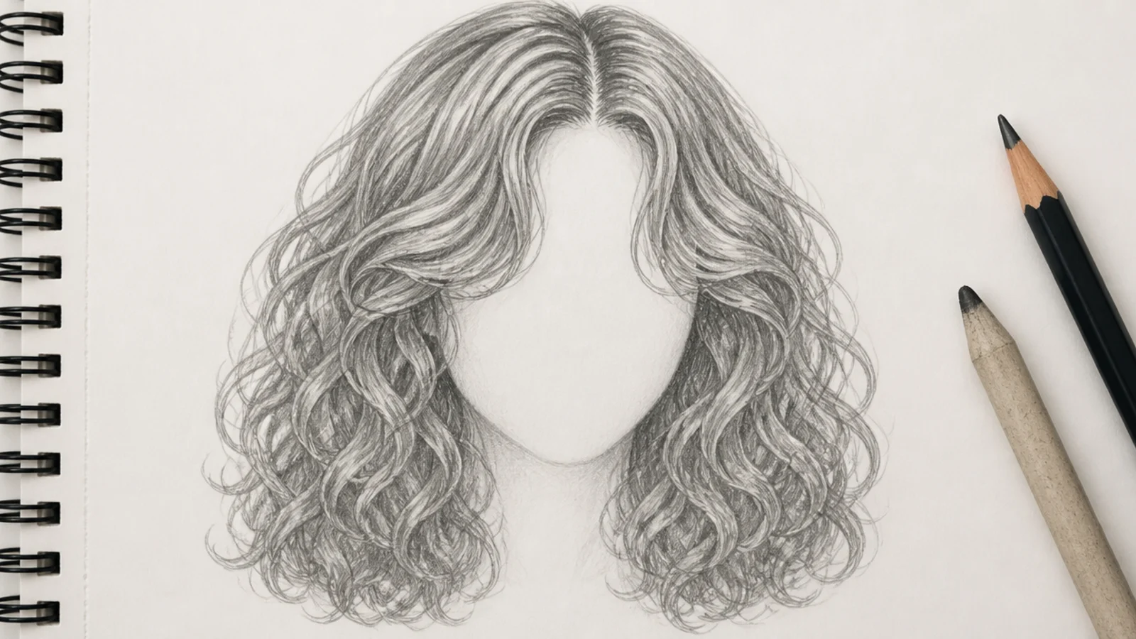 Curly hair sketch with curtain bangs parted in the center sweeping away from the eyebrows