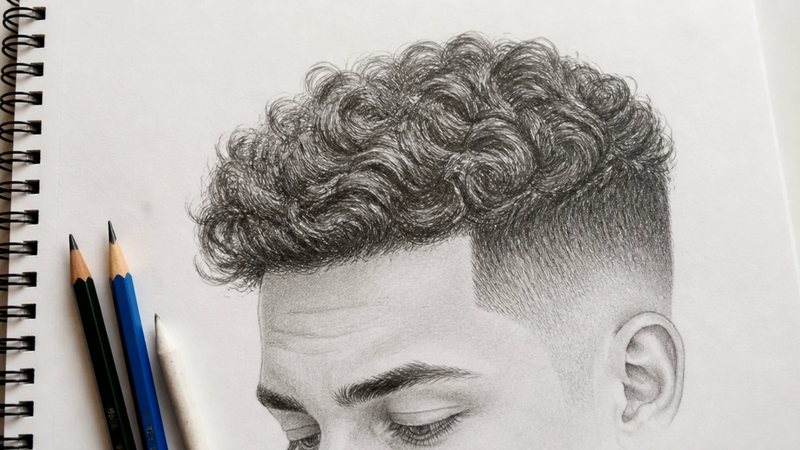Male curly top hair sketch with a high faded hairline and dense pencil drawn curls on the crown