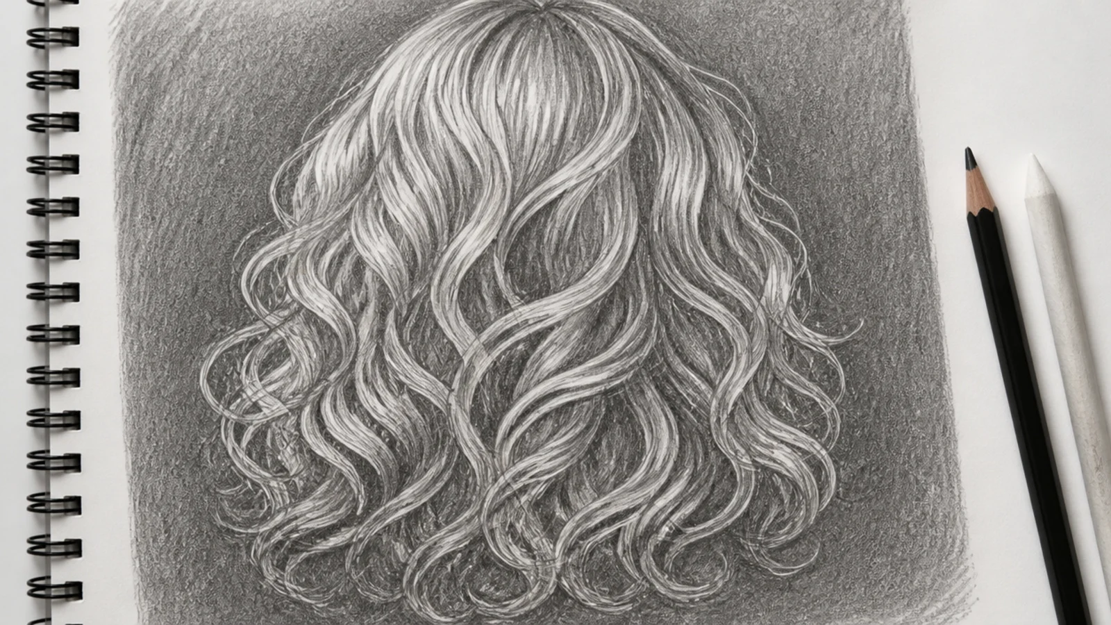 Curly hair sketch on a dark graphite background with light curls drawn out using a kneaded eraser