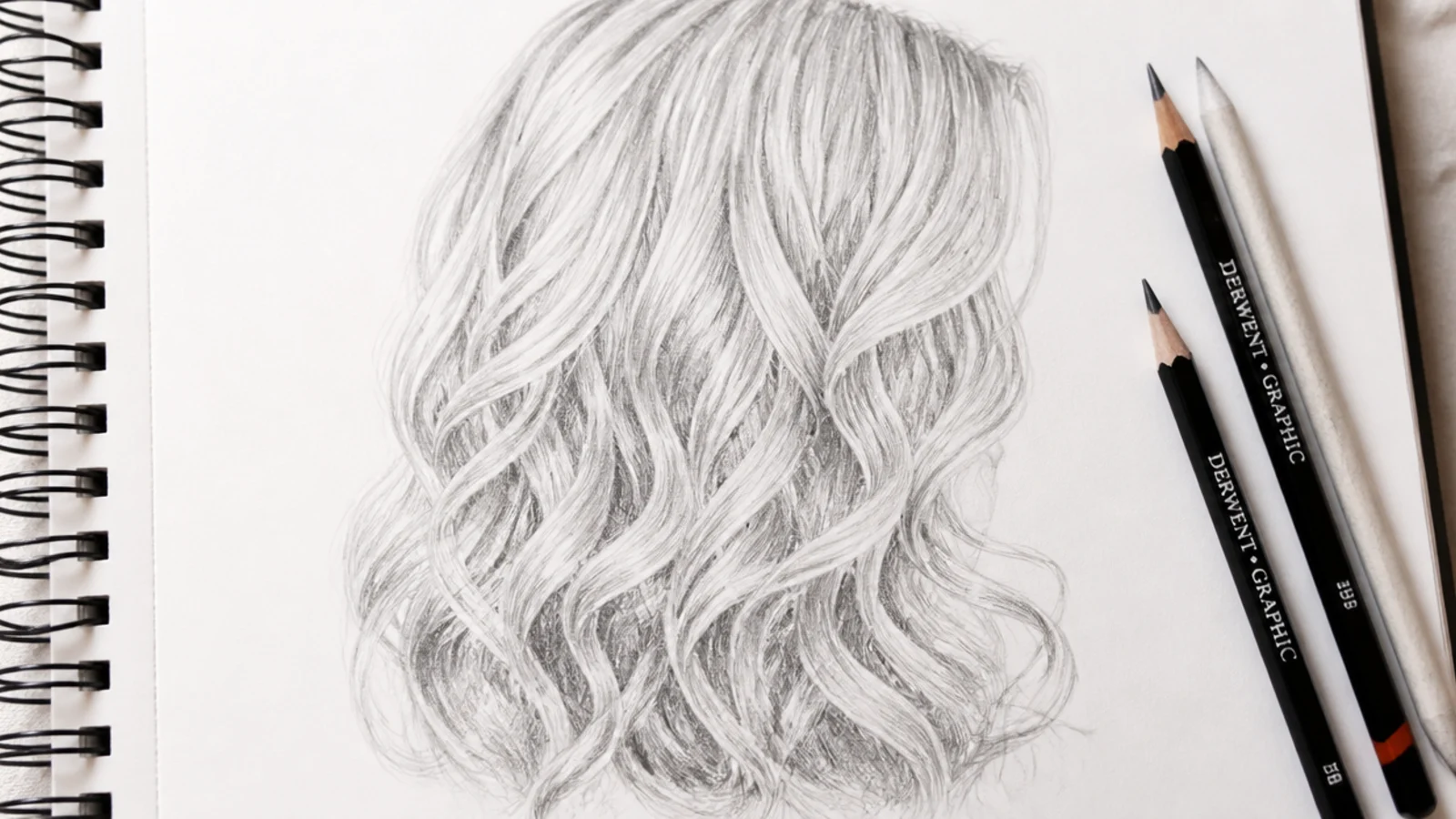Blonde curly hair sketch in light graphite with a compressed high key value range and bare paper highlights