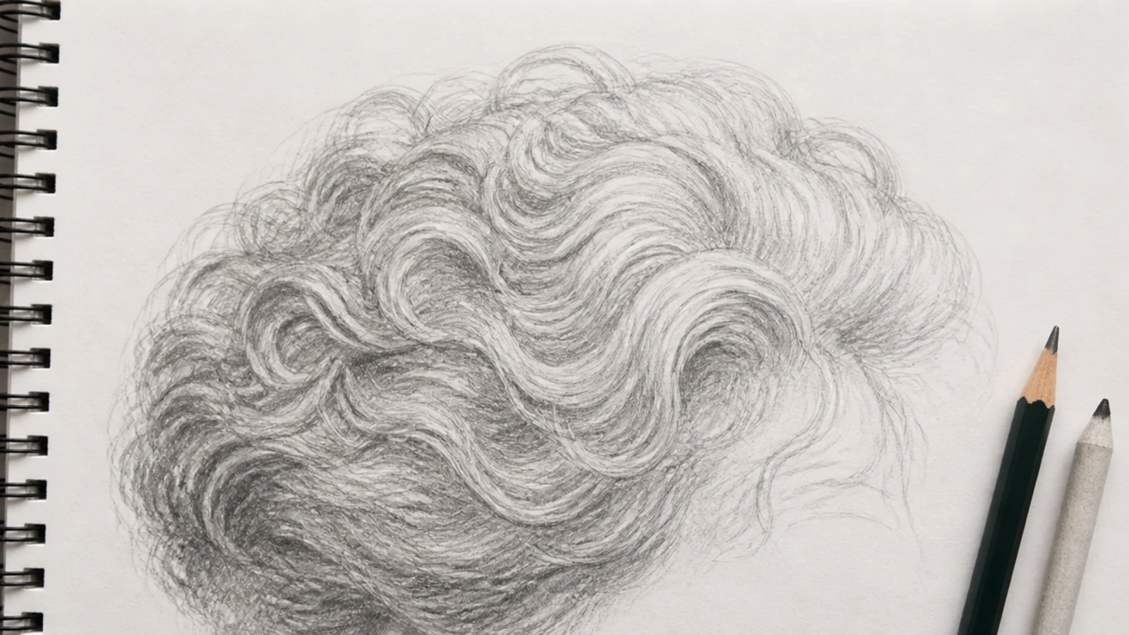 Silver gray curly hair sketch for an older portrait showing wiry individual strands and soft value