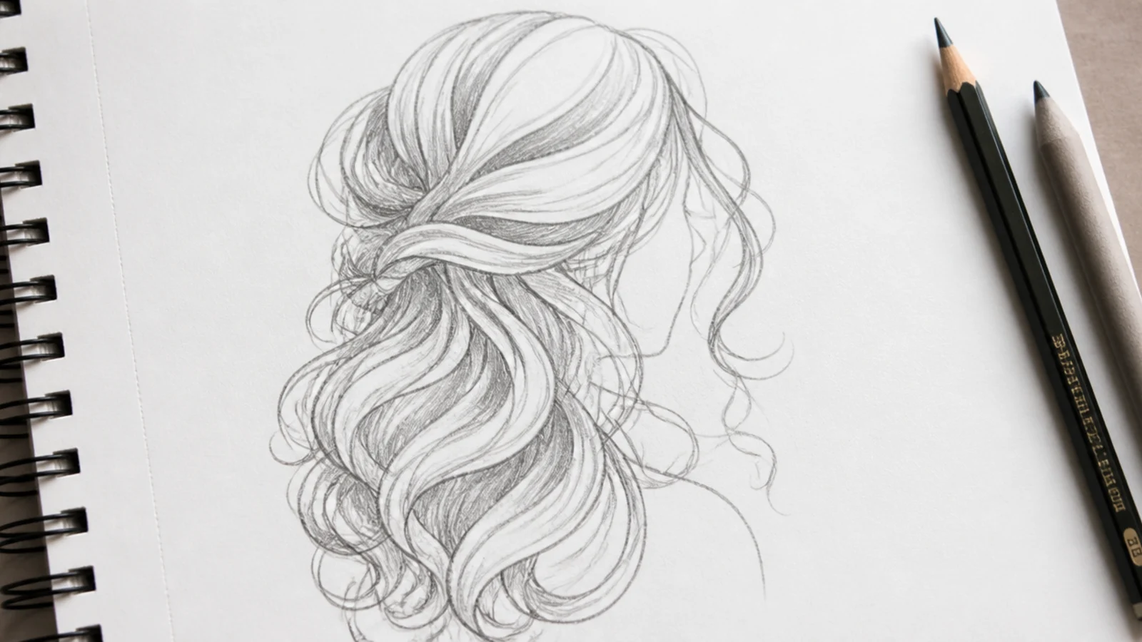 Minimalist single line monoline curly hair sketch drawn in one continuous even weight stroke