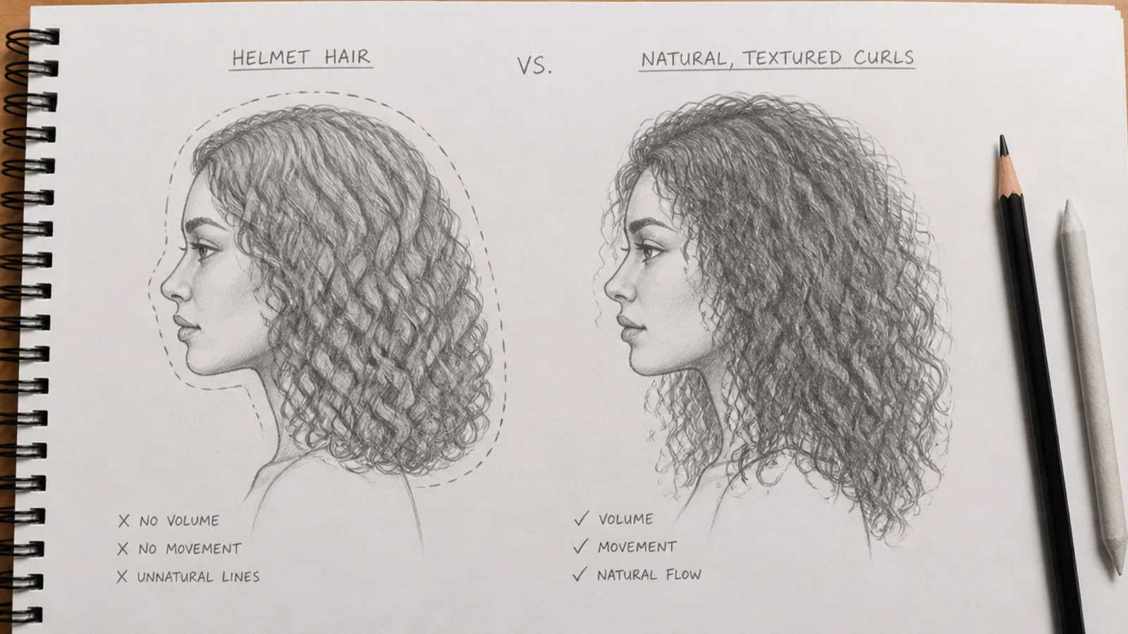 Side by side curly hair sketch comparison showing a helmet-like outlined version and a corrected textured version