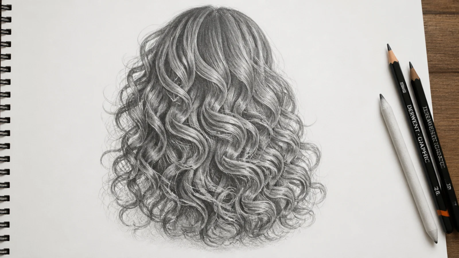Graphite pencil sketch of curly hair on white paper showing spiral curls shaded for volume