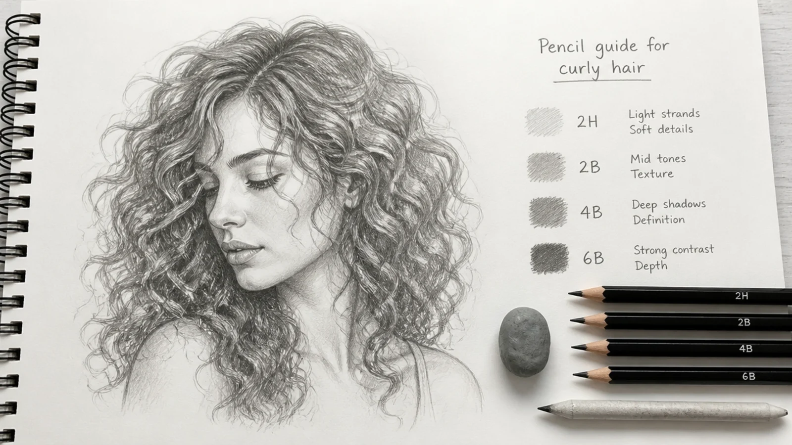 Graphite pencils in 2H, 2B, 4B and 6B with a kneaded eraser and blending stump for curly hair sketching