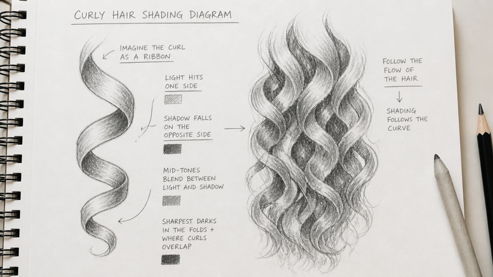 Shading diagram for curly hair sketch showing a curl drawn as a ribbon with light and shadow on opposite sides