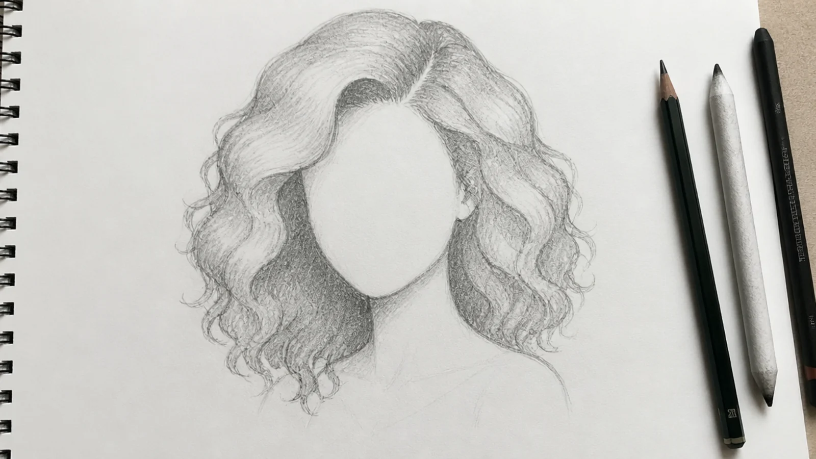 Curly hair sketch in progress showing the blocked silhouette outline before any individual curls
