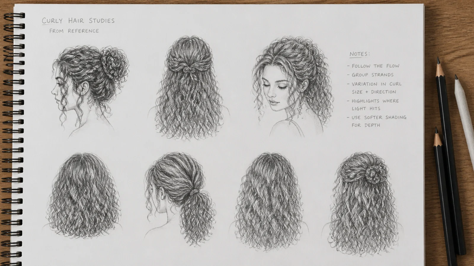 Sketchbook page of curly hair reference studies drawn from photos at small scale in pencil