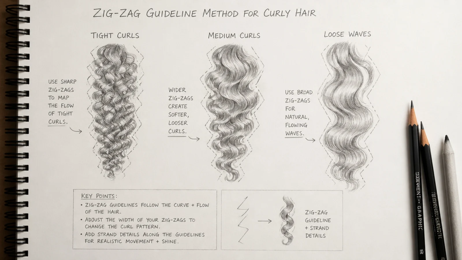 Zig-zag guideline method for curly hair sketching shown at three different curl pattern scales