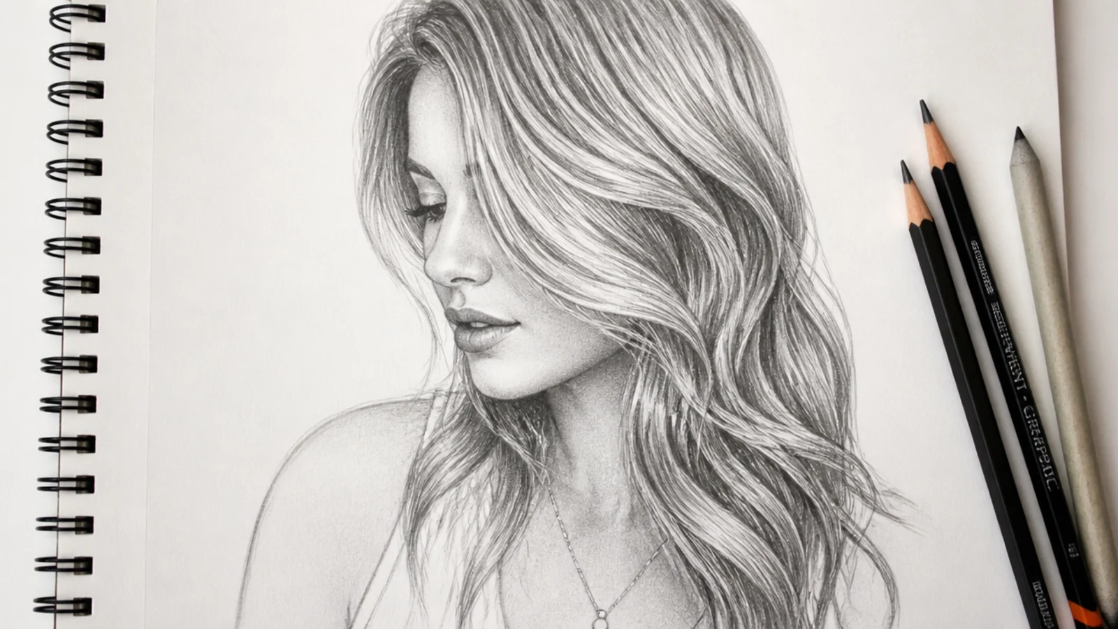 Graphite female hair sketch of loose beach waves swept over one shoulder with S curve flow lines
