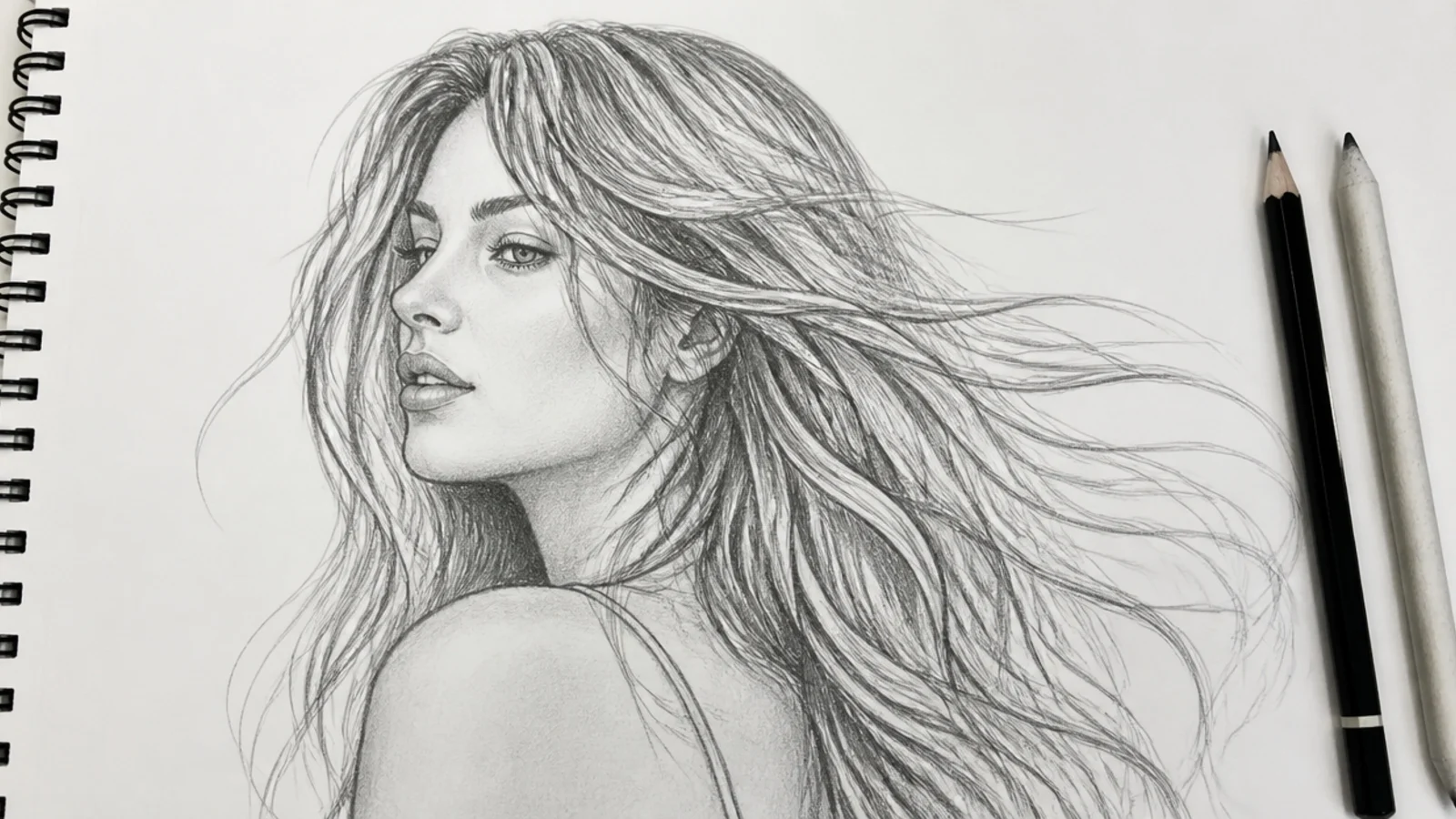 Female hair sketch of long wavy hair blowing sideways in the wind drawn from a three quarter angle
