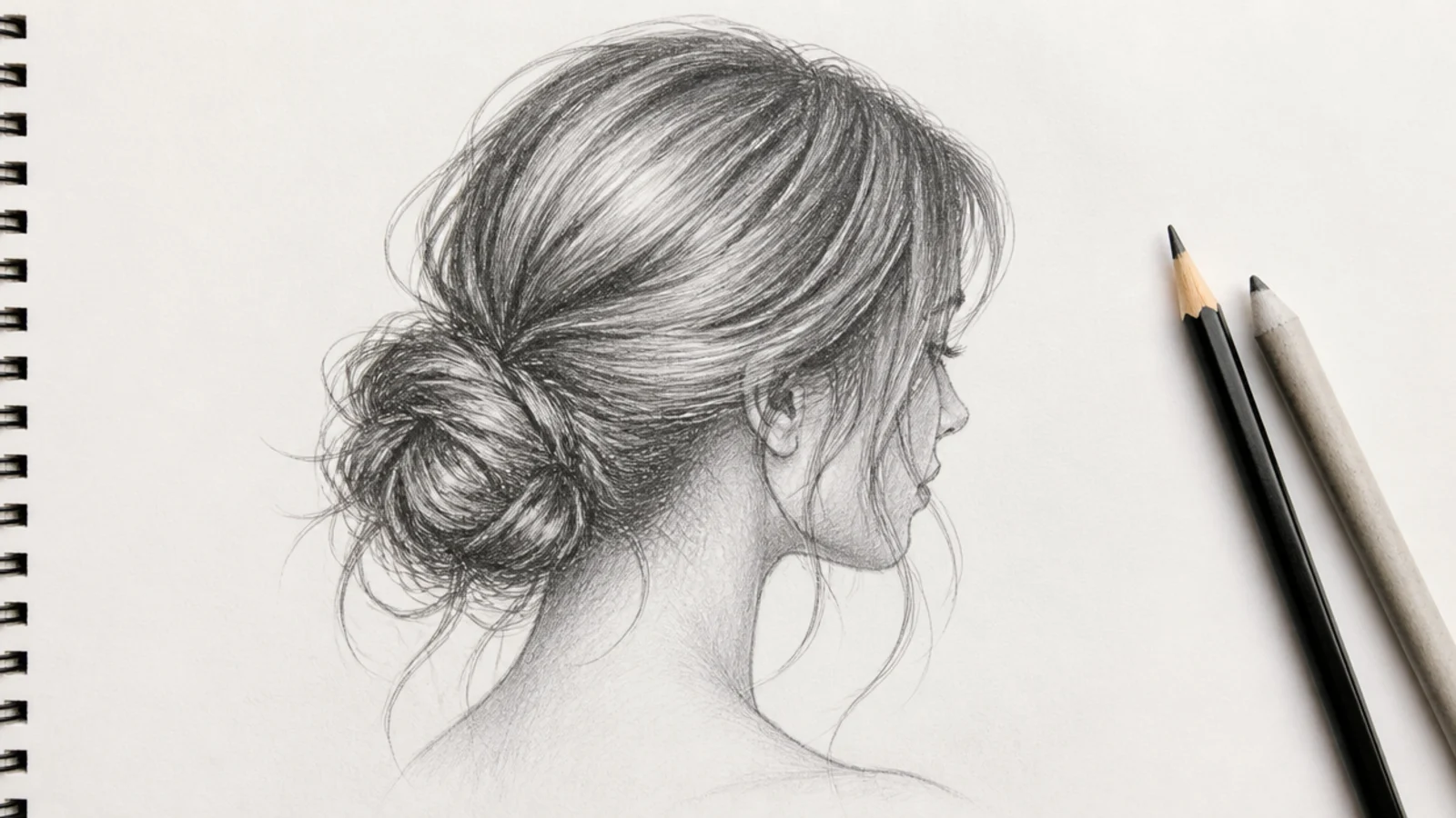 Pencil sketch of a low messy female bun at the nape with loose face framing strands