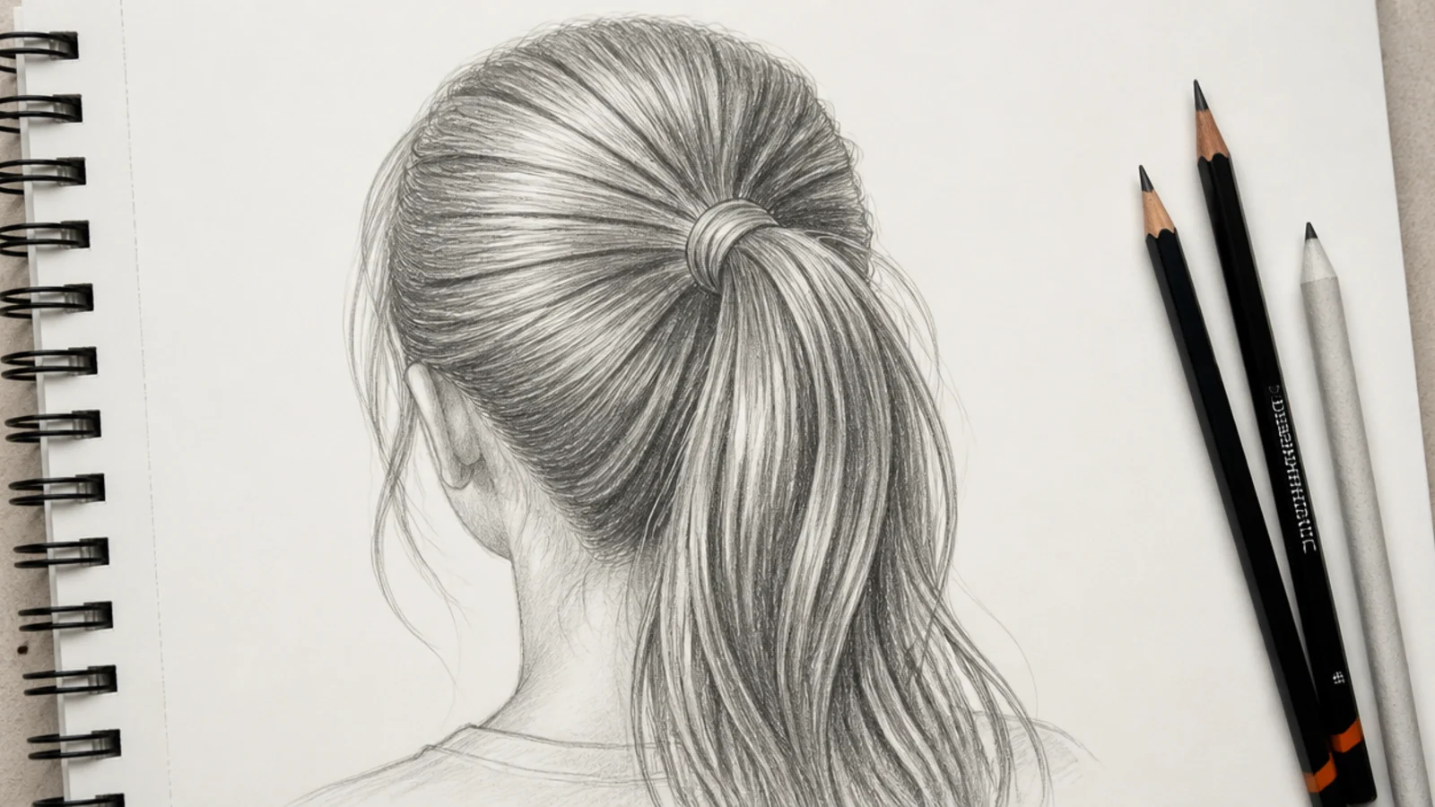 Back view female hair sketch of a high ponytail showing the crown swirl and gathered hair at the tie
