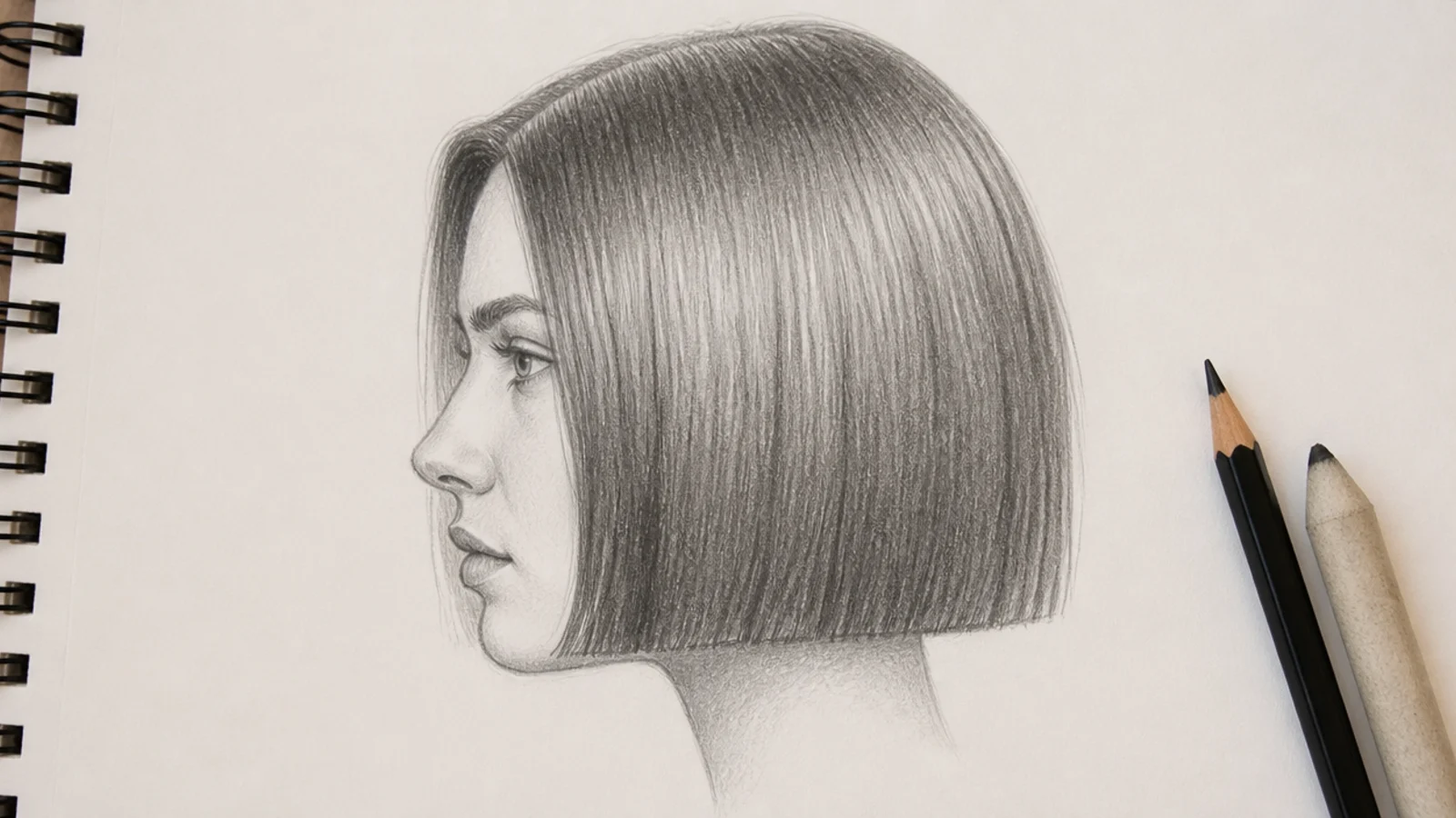 Side view pencil sketch of a chin length blunt bob on a female head with a heavy straight bottom edge