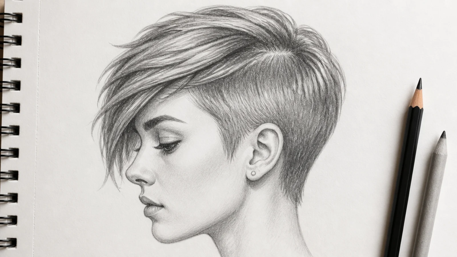 Female hair sketch of a short pixie cut with a side swept fringe showing the skull form underneath