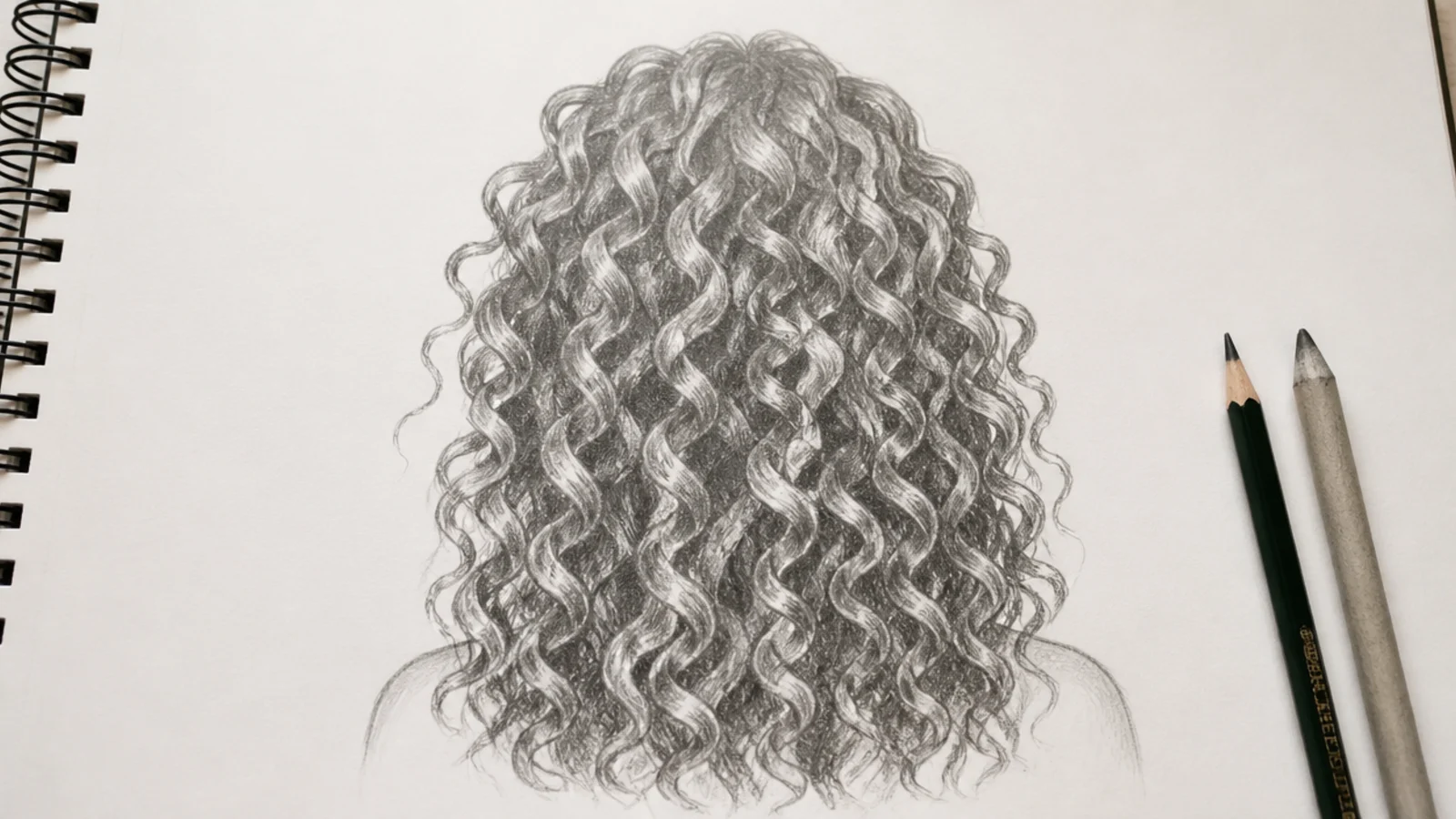 Pencil female hair sketch of long 3B curls drawn as twisting ribbons with lit and shadowed faces