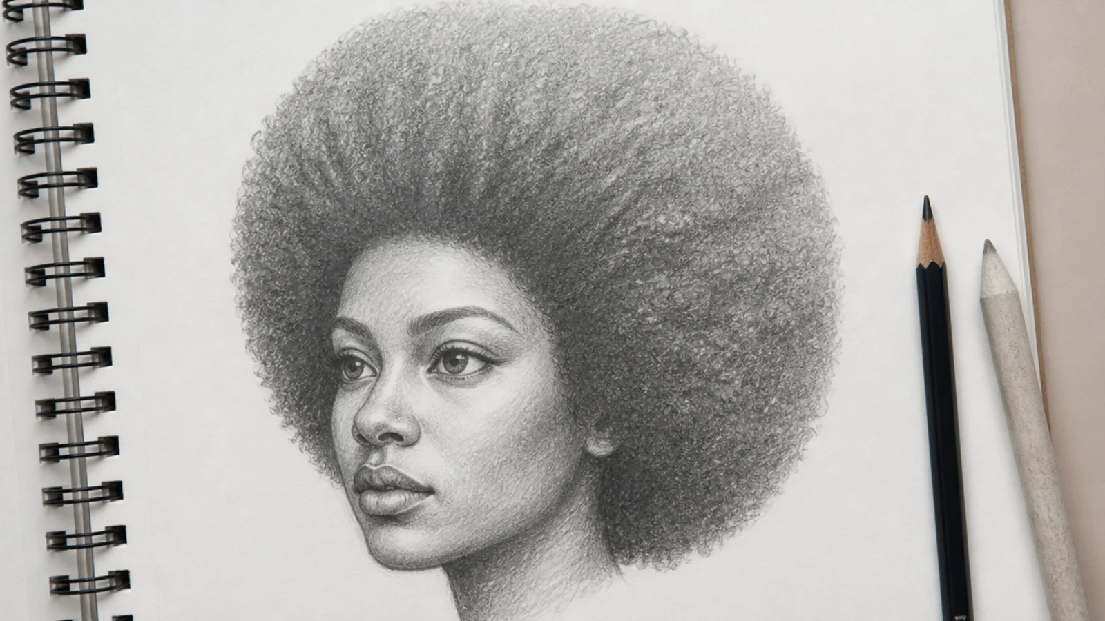 Graphite sketch of a female round afro drawn as a soft rounded mass with a broken irregular halo edge