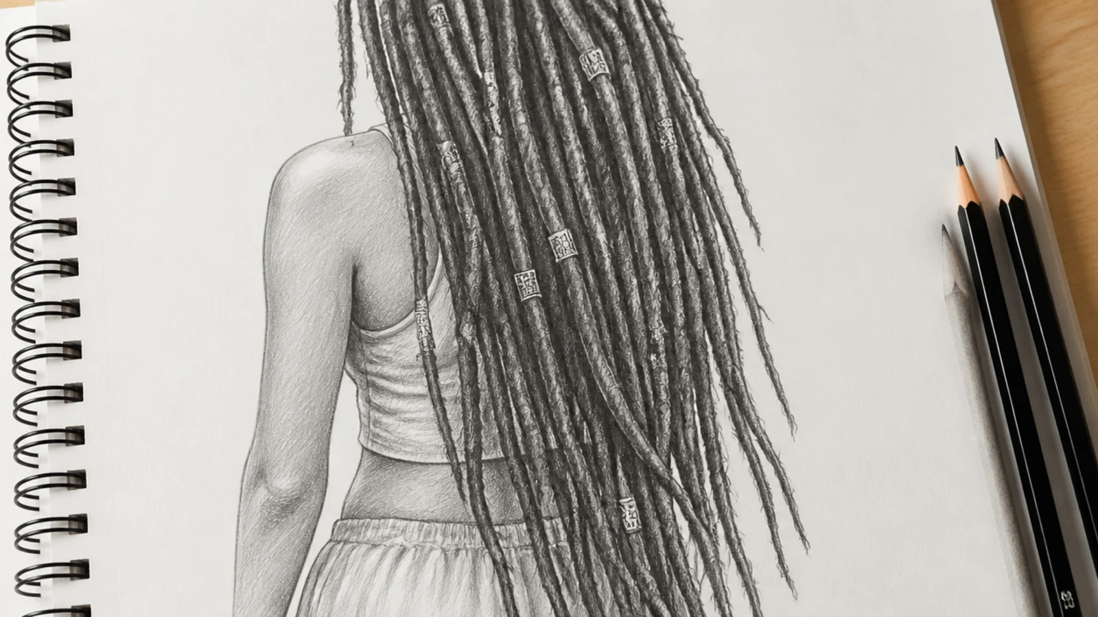 Female hair sketch of waist length locs drawn as separate cylinders with metal cuffs and rough texture