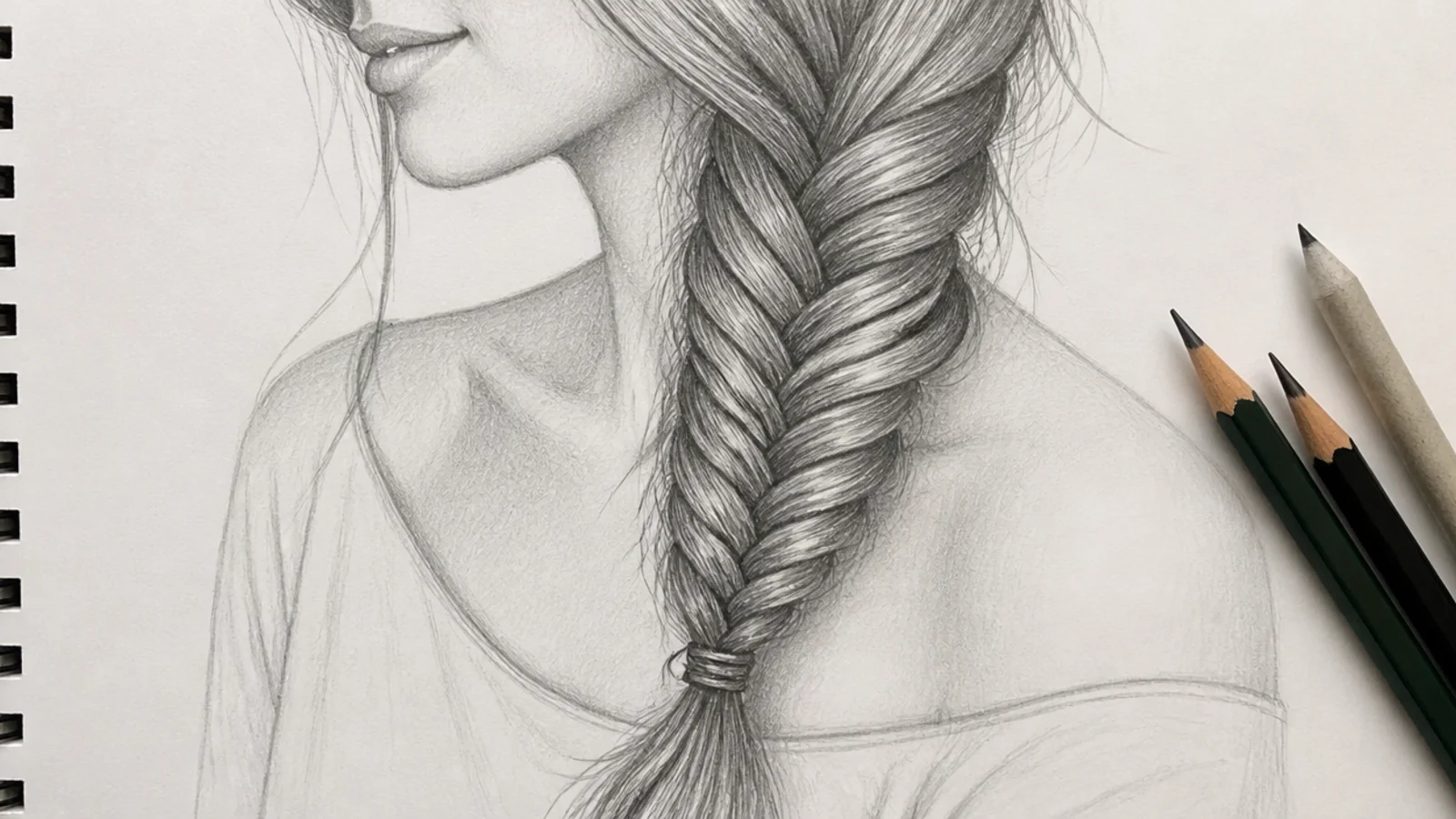 Pencil sketch of a female fishtail braid over one shoulder drawn as stacked interlocking chevrons