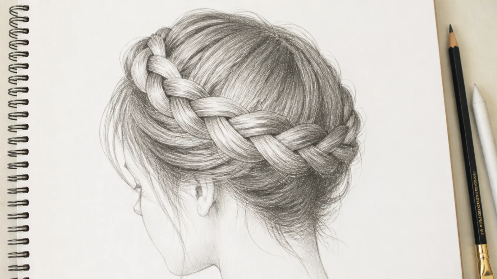 Female hair sketch of a crown braid wrapping around the head with foreshortened overlapping sections