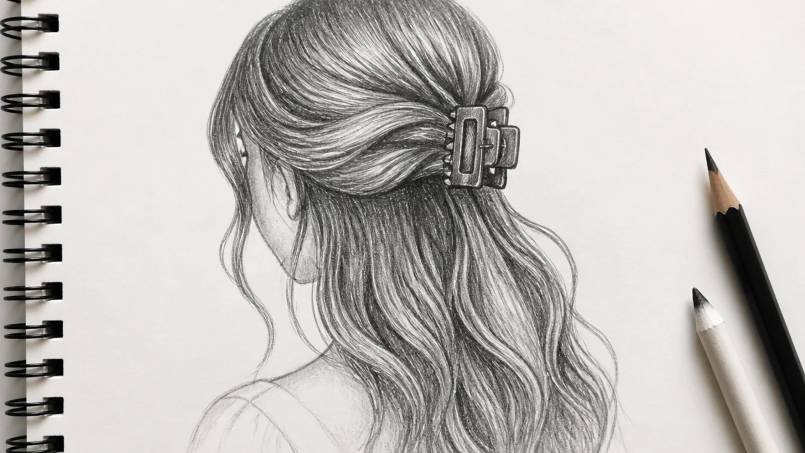 Pencil female hair sketch of a half up half down style secured with a claw clip at the back of the head