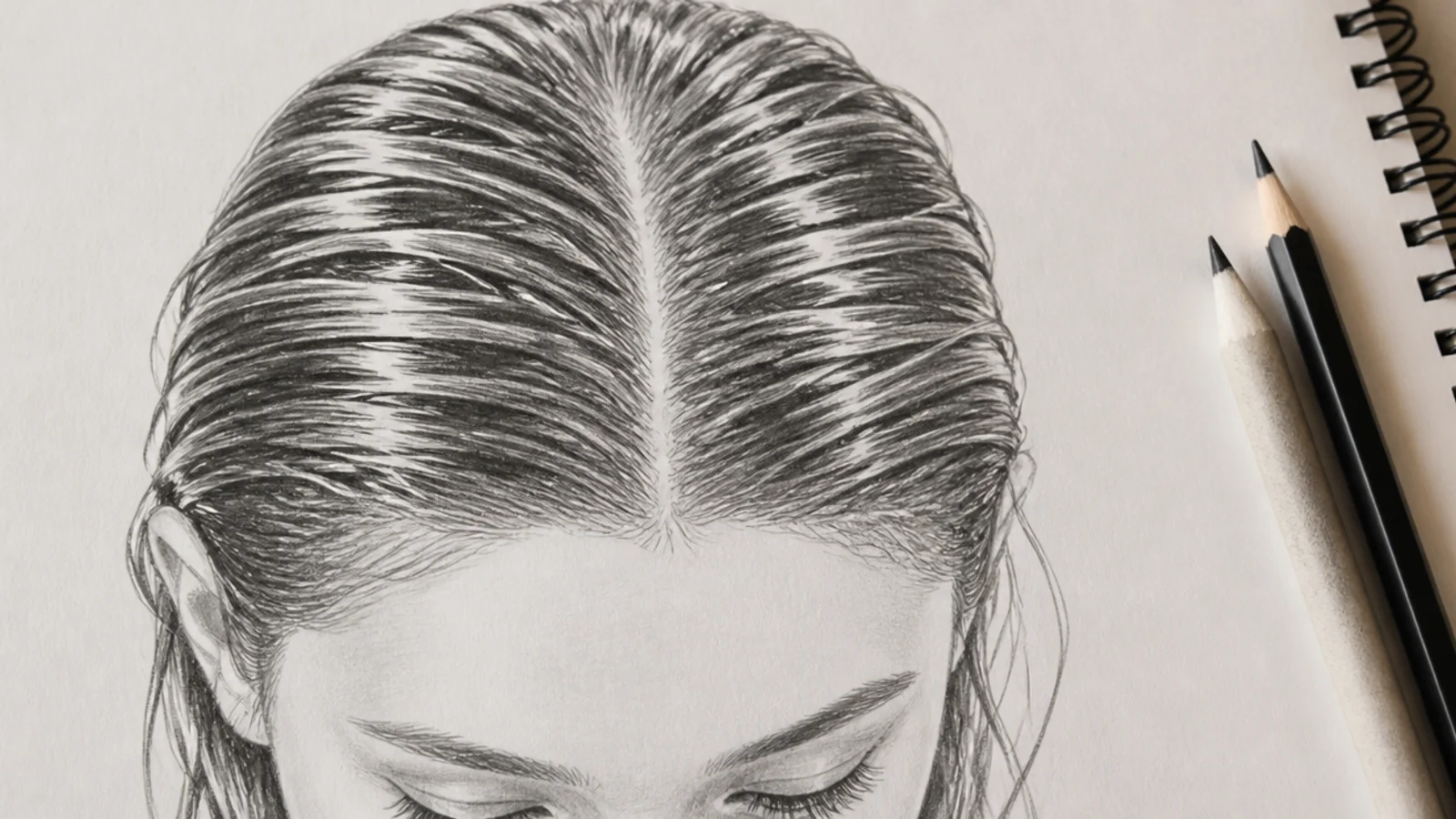 Female hair sketch of wet slicked back hair from a center part with high contrast glossy highlights