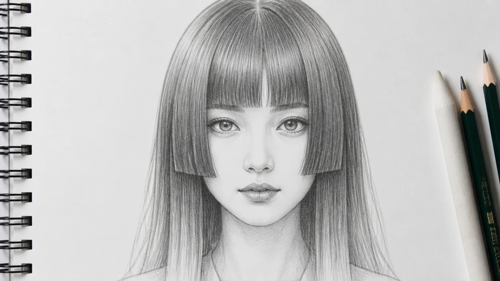 Front view female hair sketch of a hime cut with a straight fringe and blunt cheek length side panels