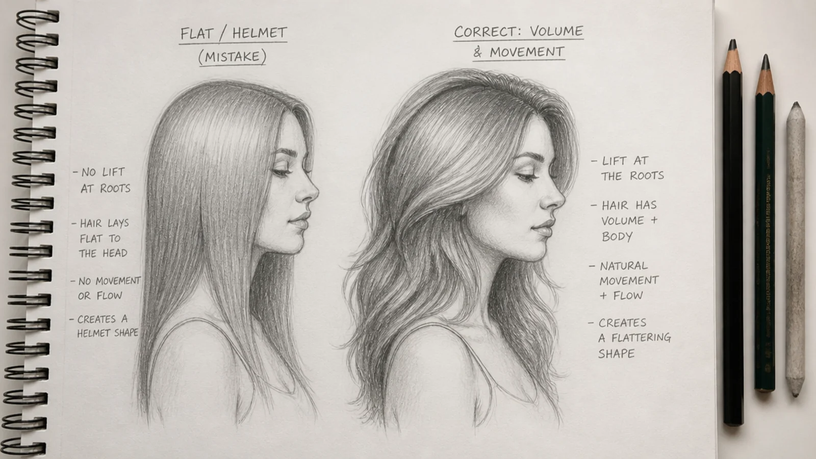 Side by side female hair sketches showing a flat helmet mistake next to a corrected volumetric version