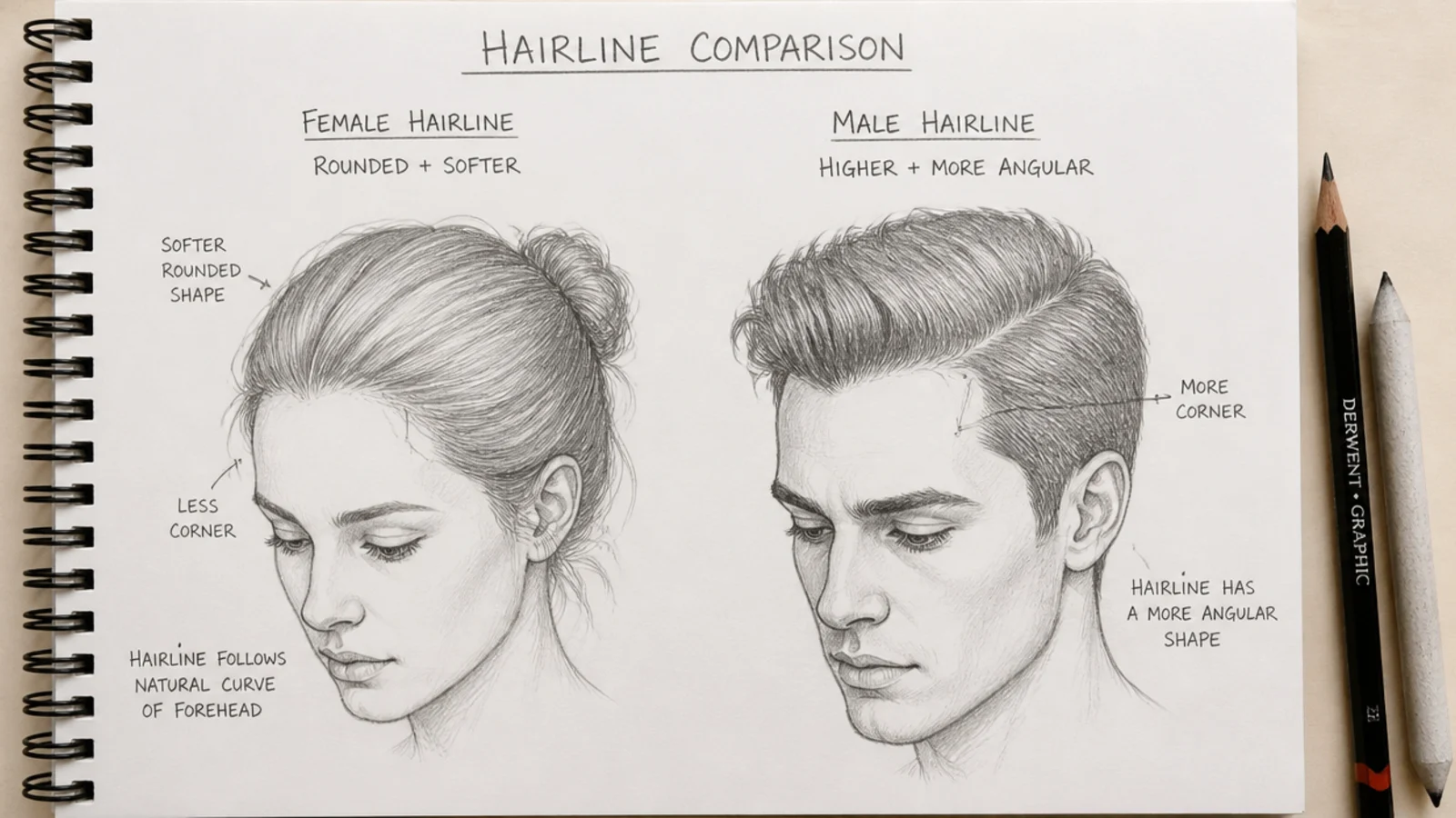 Pencil diagram comparing a rounded female hairline with a higher angular male hairline on two heads