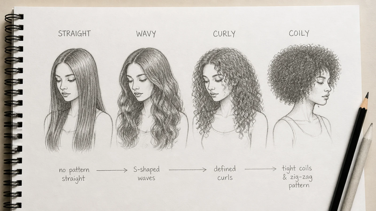 Four panel female hair sketch comparing straight, wavy, curly and coily hair textures side by side