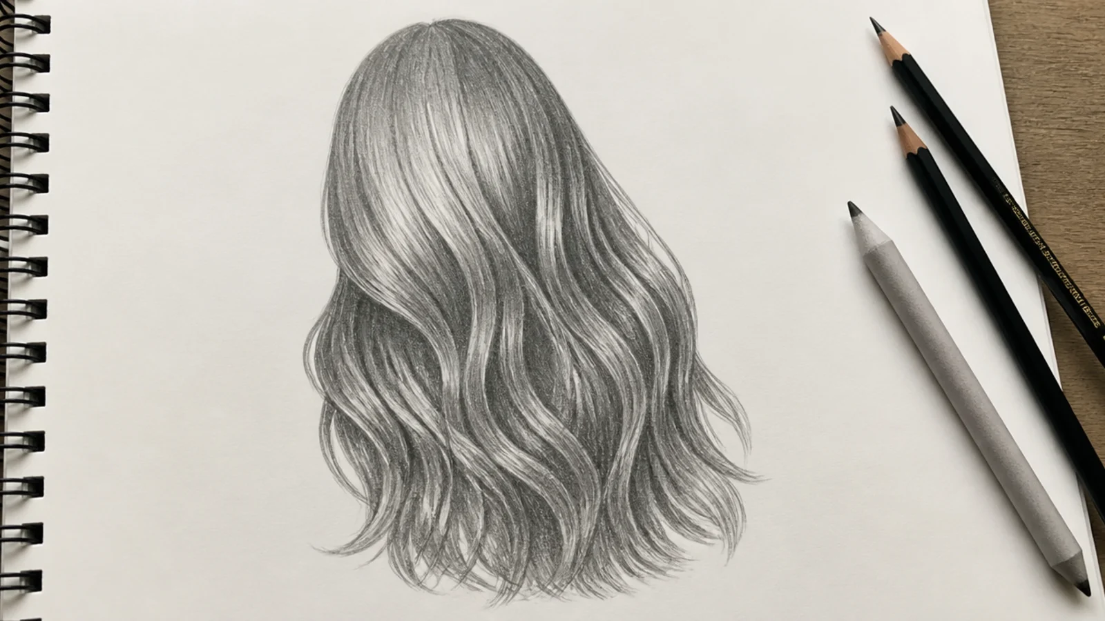 Graphite female hair sketch on white paper showing long wavy hair blocked as a silhouette then shaded
