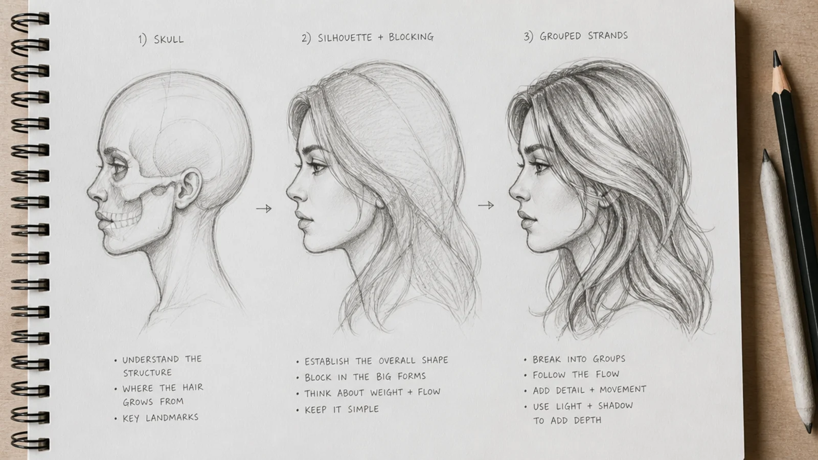 Three stage female hair sketch showing skull, blocked hair silhouette, then grouped strand sections