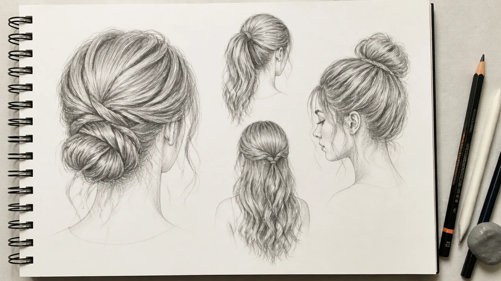Flat lay of graphite pencils, kneaded eraser, blending stump and sketchbook pages of female hair studies