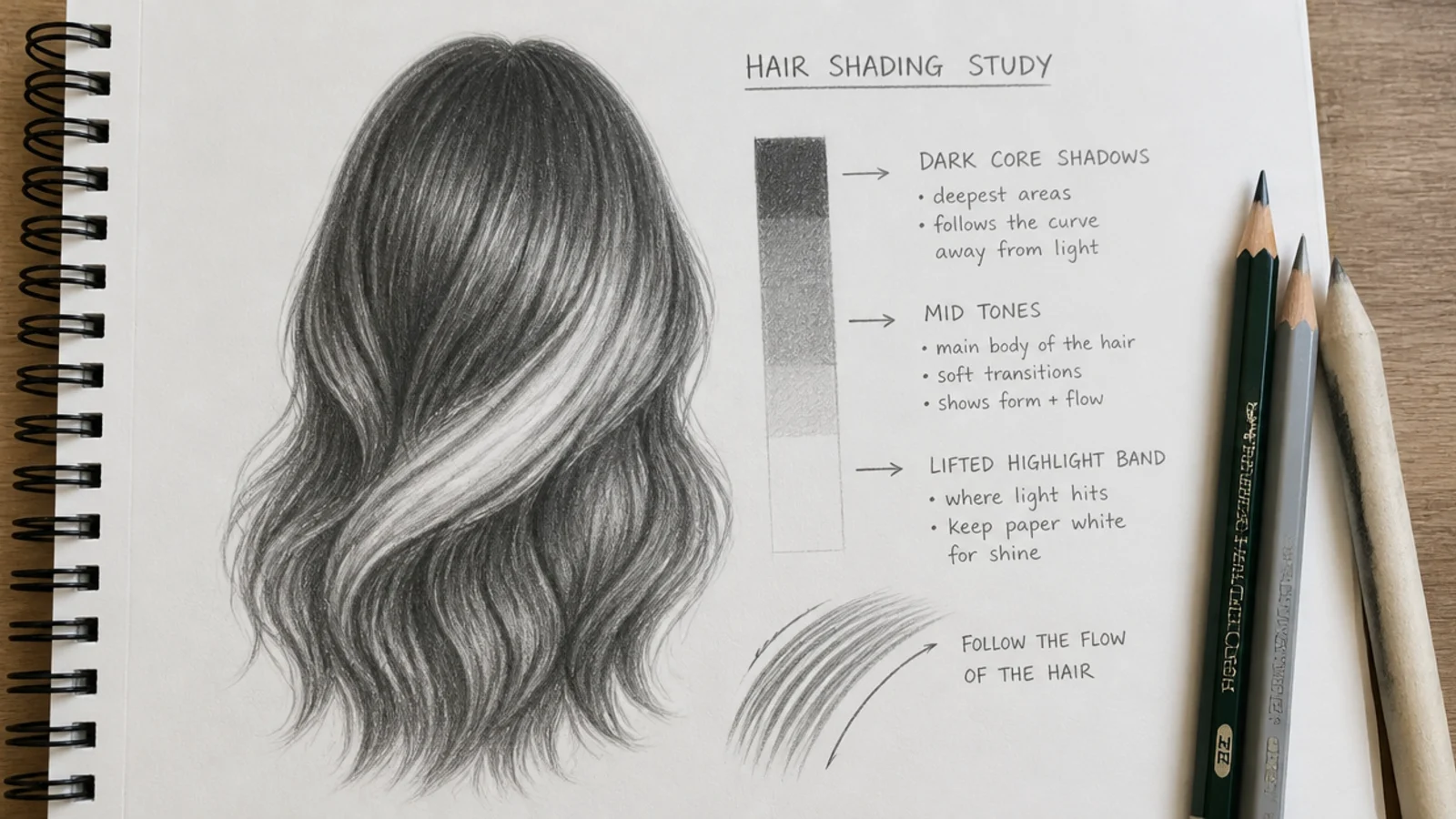 Female hair shading study in pencil showing dark core shadows, mid tones and a lifted highlight band