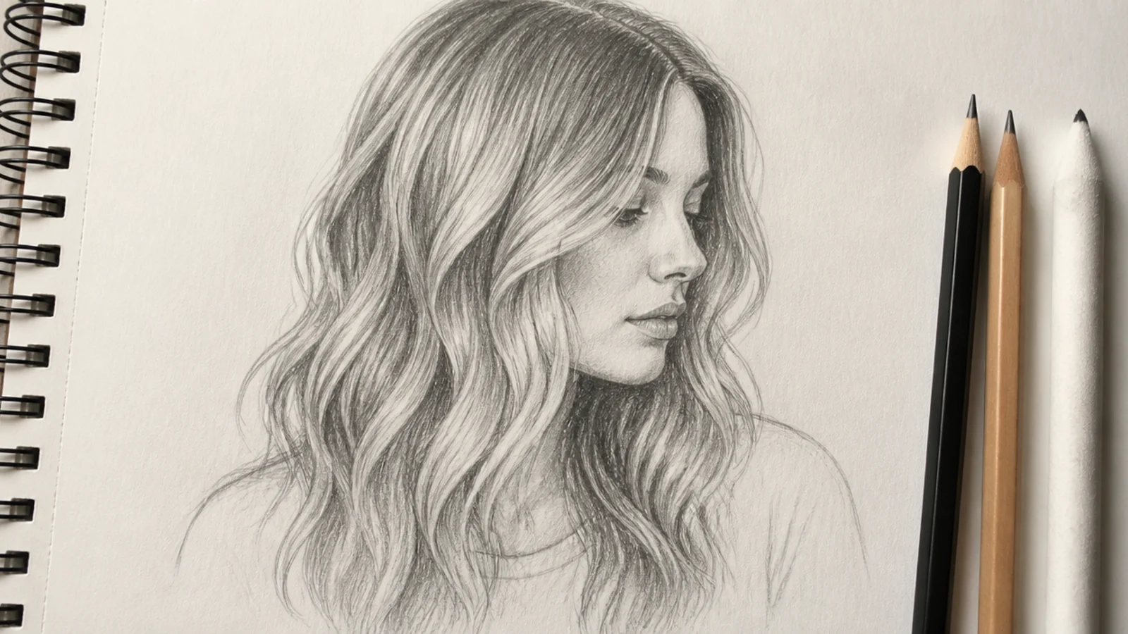 Graphite sketch of loose beach waves on a girl, drawn with S curve flow lines and soft shading