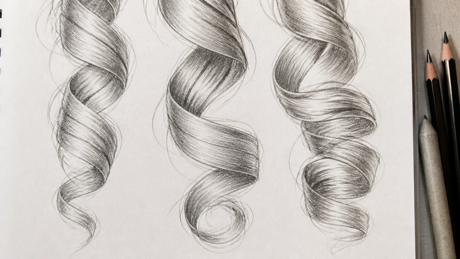 Pencil drawing of spiral girl curls sketched as twisting ribbons with light and shadow on opposite sides