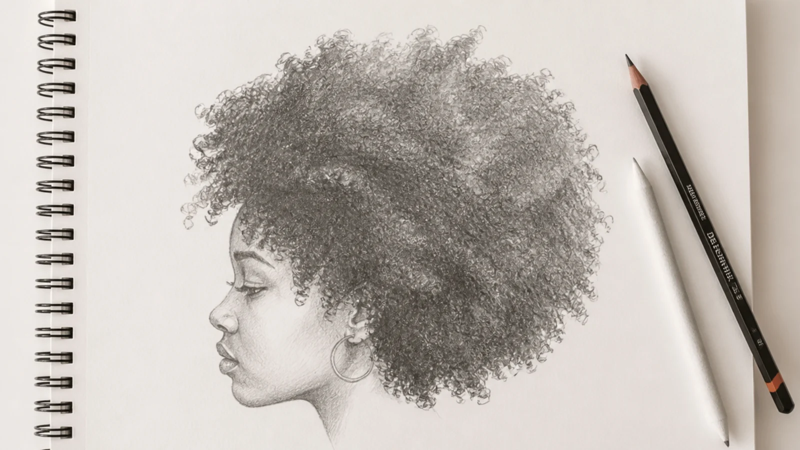 Graphite sketch of 4C coily girl hair shaded as a soft rounded mass with a broken uneven edge